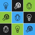 Set line Light bulb with concept of idea, Magnet and Radioactive icon. Vector