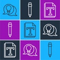 Set line Light bulb with concept of idea, Text file document and Pencil with eraser icon. Vector Royalty Free Stock Photo