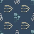 Set line Light bulb with leaf, Eco fuel barrel and Recycling plastic bottle on seamless pattern. Vector Royalty Free Stock Photo