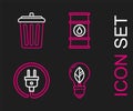 Set line Light bulb with leaf, Electric plug, Oil barrel line and Trash can icon. Vector