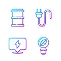 Set line Light bulb with leaf, Lightning bolt, Barrel and Electric plug. Gradient color icons. Vector