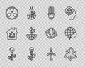 Set line Light bulb with leaf, Recycle symbol, LED light, Radioactive, Earth globe and, Wind turbine and icon. Vector