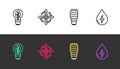 Set line Light bulb with leaf, Wind turbine, LED light and Water energy on black and white. Vector Royalty Free Stock Photo