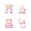 Set line Lighter, Hiking backpack, Binoculars and Coffee cup. Gradient color icons. Vector
