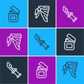 Set line Lighter, Hunter knife and Bandana or biker scarf icon. Vector