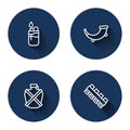 Set line Lighter, Hunting horn, Canteen water bottle and cartridge belt with long shadow. Blue circle button. Vector Royalty Free Stock Photo