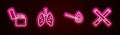 Set line Lighter, Lungs, Burning match with fire and Cigarette. Glowing neon icon. Vector Royalty Free Stock Photo