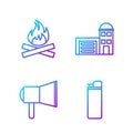 Set line Lighter, Megaphone, Campfire and Building of fire station. Gradient color icons. Vector