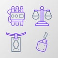 Set line Lighter, Money laundering, Scales of justice and Dynamite and timer clock icon. Vector