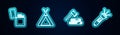 Set line Lighter, Tourist tent, Wooden axe and wood and Flashlight. Glowing neon icon. Vector