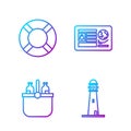 Set line Lighthouse, Cooler bag and water, Lifebuoy and Passport with visa stamp. Gradient color icons. Vector