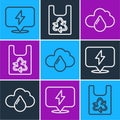 Set line Lightning bolt, Cloud with rain and Plastic bag with recycle icon. Vector