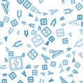 Set line Lightning bolt, Electrical panel and Audio jack on seamless pattern. Vector Royalty Free Stock Photo