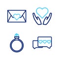 Set line Like and heart, Diamond engagement ring, Heart hand and Envelope with Valentine icon. Vector