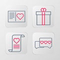 Set line Like and heart, Envelope with Valentine, Gift box and Valentines day flyer icon. Vector