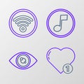 Set line Like and heart, Eye, Music note, tone and Wi-Fi wireless internet network icon. Vector