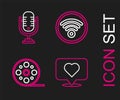 Set line Like and heart, Film reel, Wi-Fi wireless internet network and Microphone icon. Vector