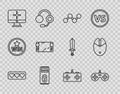 Set line Like and heart, Gamepad, Share, Computer, monitor, Portable video game console, and mouse gaming icon. Vector Royalty Free Stock Photo