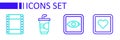 Set line Like heart, Rating movie, Paper glass with water and Play video icon. Vector