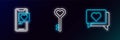 Set line Like and heart, Smartphone with speech bubble and Key in shape icon. Glowing neon. Vector