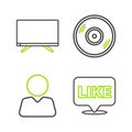 Set line Like in speech bubble, Add to friend, Vinyl disk and Smart Tv icon. Vector