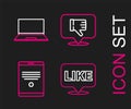 Set line Like in speech bubble, Tablet, Dislike and Laptop icon. Vector