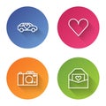 Set line Limousine car, Heart, Photo camera and Envelope with Valentine heart. Color circle button. Vector