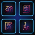 Set line Lipstick, Floppy disk, Photo camera and . Gradient color icons. Vector