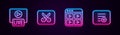 Set line Live stream, Music or video editing, playlist and Add to. Glowing neon icon. Vector
