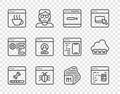 Set line Loading data window, Software, Search engine, System bug, Create account screen, Processor and Web development Royalty Free Stock Photo