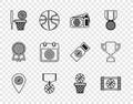 Set line Location with basketball ball, Basketball game video, ticket, medal, and, sport calendar, and Award cup icon Royalty Free Stock Photo