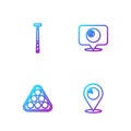 Set line Location with bowling ball, Billiard balls rack triangle, cue and billiard. Gradient color icons. Vector Royalty Free Stock Photo