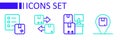 Set line Location with cardboard box, Warehouse boxes, Cardboard traffic symbol and Verification of delivery list icon