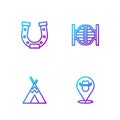 Set line Location cowboy, Indian teepee or wigwam, Horseshoe and Saloon door. Gradient color icons. Vector