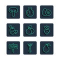 Set line Location farm, Onion, Pear, Kiwi fruit, Mango, Healthy, Mushroom and Turnip icon. Vector
