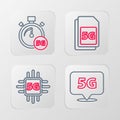 Set line Location 5G network, Processor, Sim Card and Digital speed meter icon. Vector Royalty Free Stock Photo