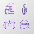 Set line Location and gas station, Gas tank for vehicle, Gasoline pump nozzle and icon. Vector Royalty Free Stock Photo