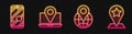 Set line Location on the globe, City map navigation, Laptop with location marker and Map pointer with star. Glowing neon