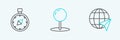 Set line Location on the globe, Compass and Push pin icon. Vector Royalty Free Stock Photo