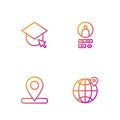 Set line Location on the globe, , Graduation cap and Create account screen. Gradient color icons. Vector