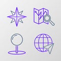 Set line Location on the globe, Push pin, Folded map with location marker and Wind rose icon. Vector Royalty Free Stock Photo