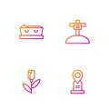 Set line Location grave, Flower rose, Coffin with dead and Grave cross. Gradient color icons. Vector