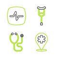 Set line Location hospital, Stethoscope, Crutch or crutches and Heart rate icon. Vector Royalty Free Stock Photo