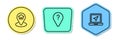 Set line Location with house, Unknown route point and Laptop location marker. Colored shapes. Vector