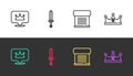 Set line Location king crown, Medieval sword, Decree, parchment, scroll and King on black and white. Vector Royalty Free Stock Photo