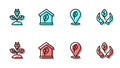 Set line Location with leaf, Electric saving plug in, Eco friendly house and Leaf hand icon. Vector