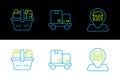 Set line Location Market store, Shopping basket and food and Hand truck boxes icon. Vector