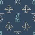 Set line Location, Plane and Stewardess on seamless pattern. Vector