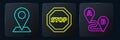 Set line Location, Route location and Stop sign. Black square button. Vector