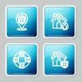 Set line Location shield, Fire in burning house, Lifebuoy and House with icon. Vector